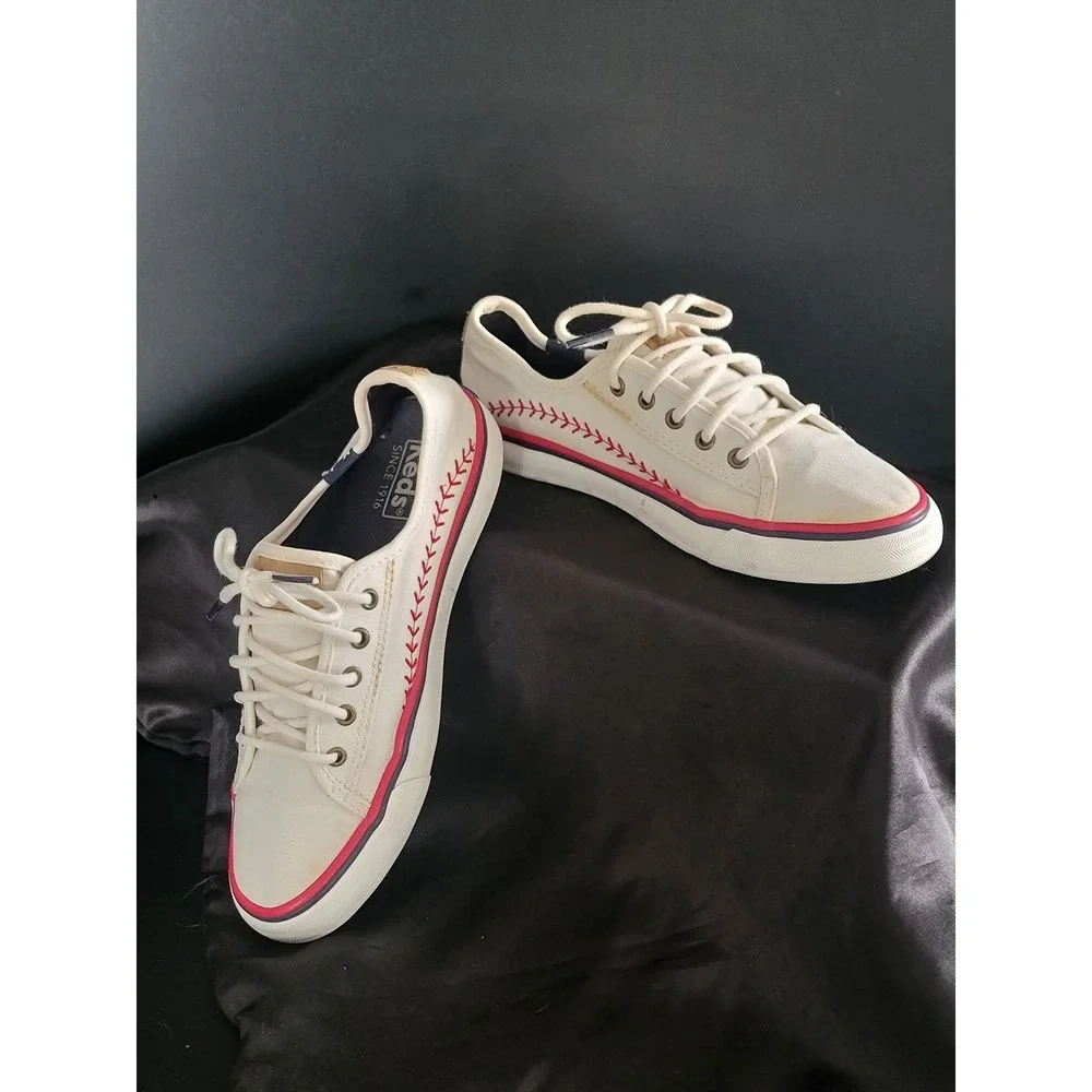 Keds Double Up Baseball Sneakers Off White Canvas Red Stitching Youth Size 2M